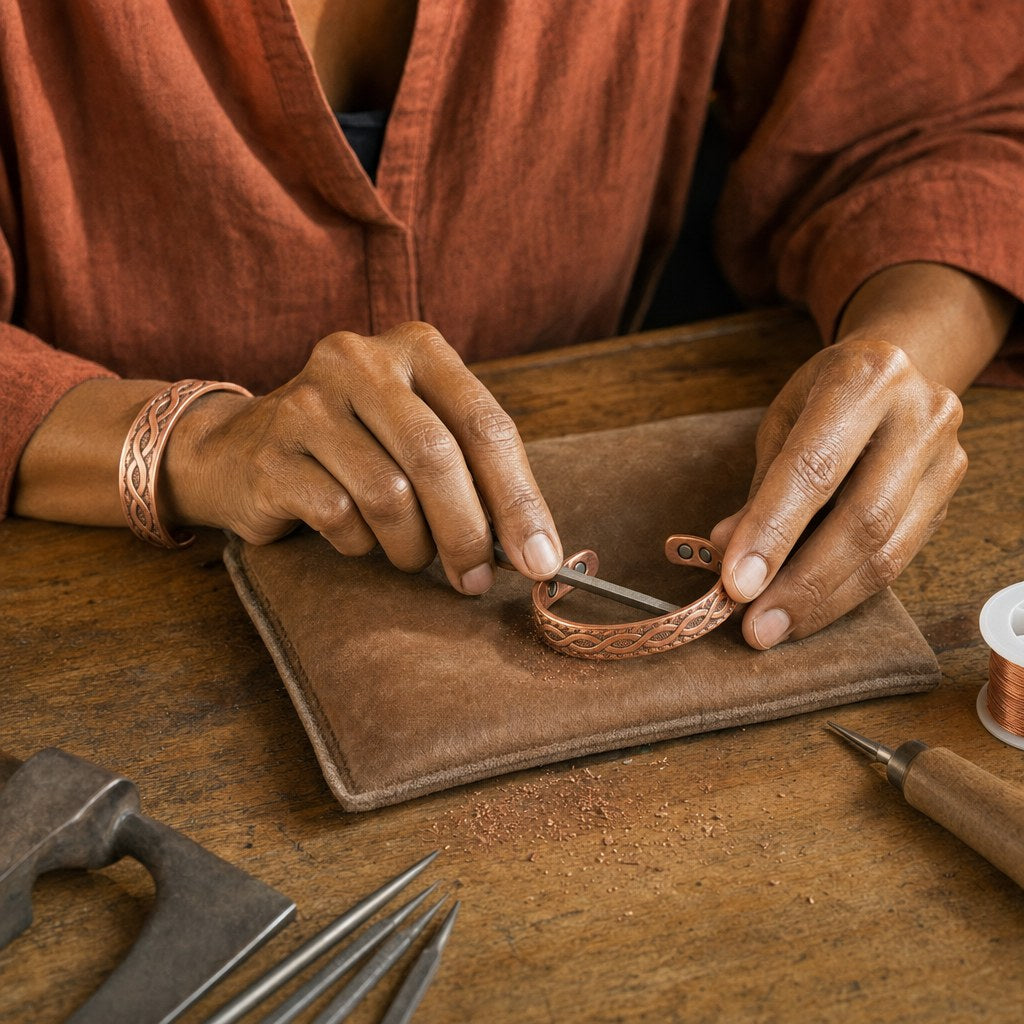 Our founder finishing the Knot Copper Set by hand