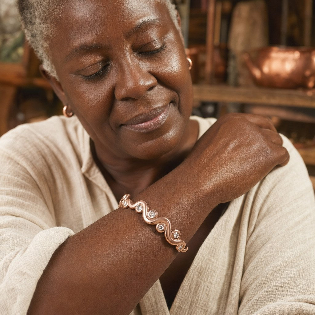 Lark Copper Bracelet worn by a woman from our community