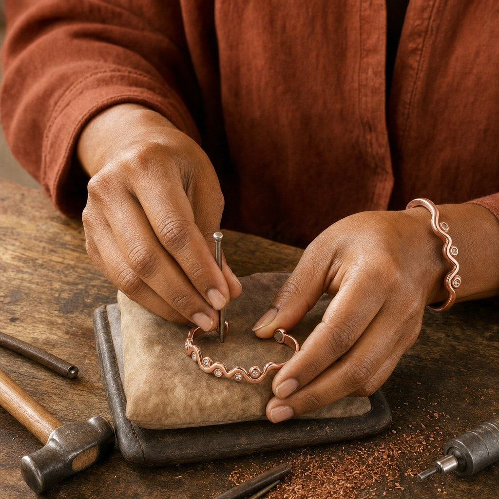 Our founder finishing the Lark Copper Bracelet by hand