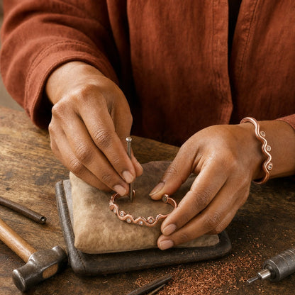 Our founder finishing the Lark Copper Bracelet by hand