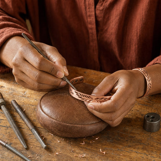 Our founder finishing the Lunar Copper Bracelet by hand
