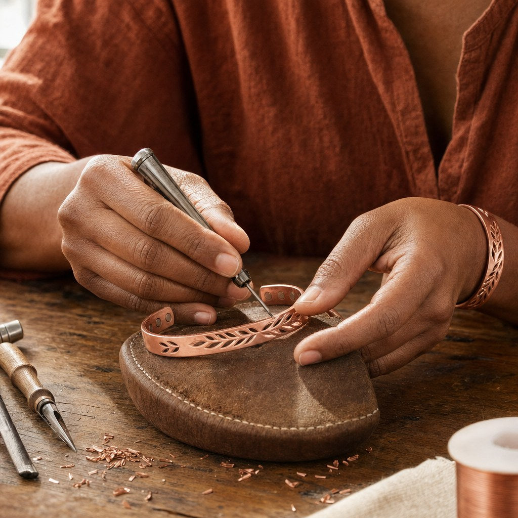 Our founder finishing the Lunar Copper Bracelet by hand