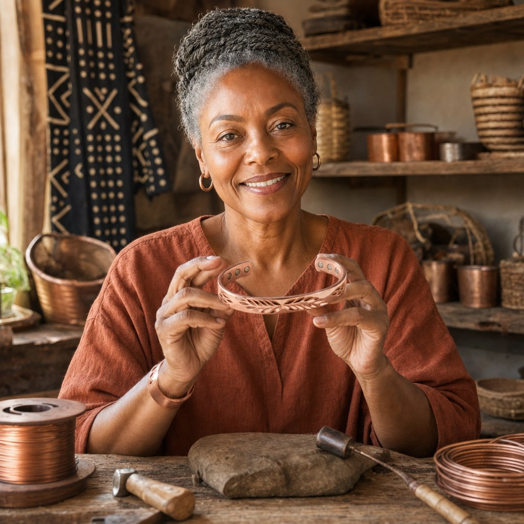 Our founder holding the Lunar Copper Bracelet in her workshop
