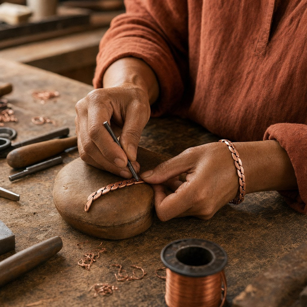 Our founder finishing the Marsh Copper Anklet by hand