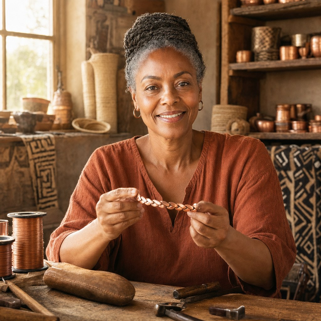 Our founder holding the Marsh Copper Anklet in her workshop