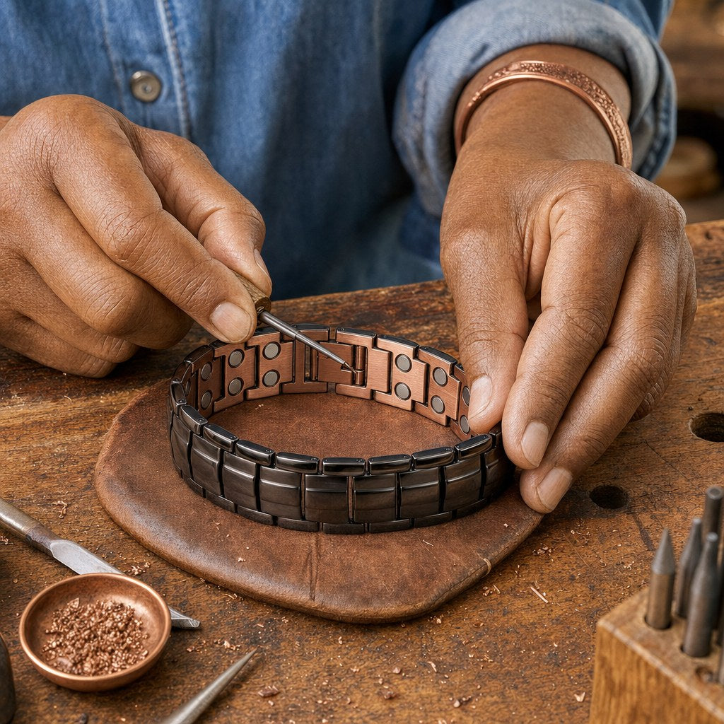 Our founder finishing the Ochre Men's Copper Bracelet by hand