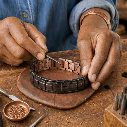 Our founder finishing the Ochre Men's Copper Bracelet by hand