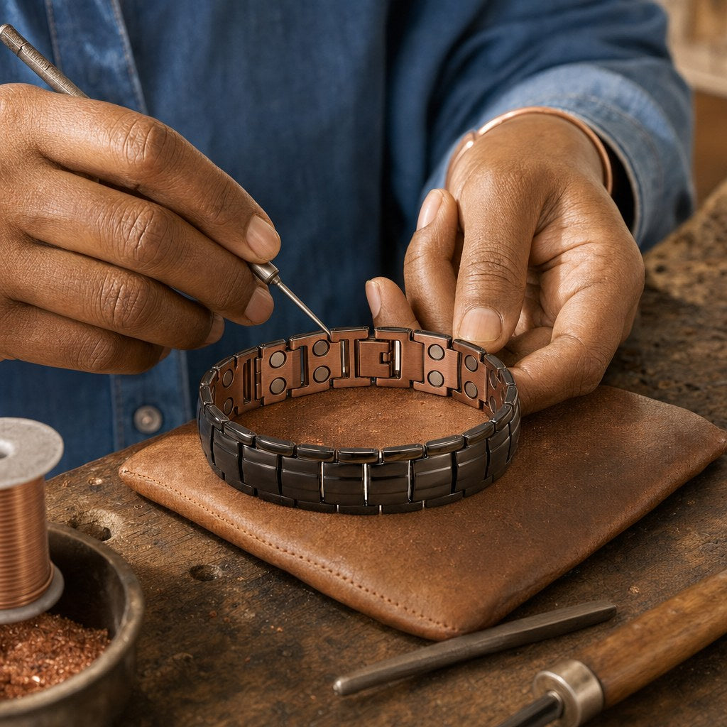 Our founder finishing the Ochre Men's Copper Bracelet by hand