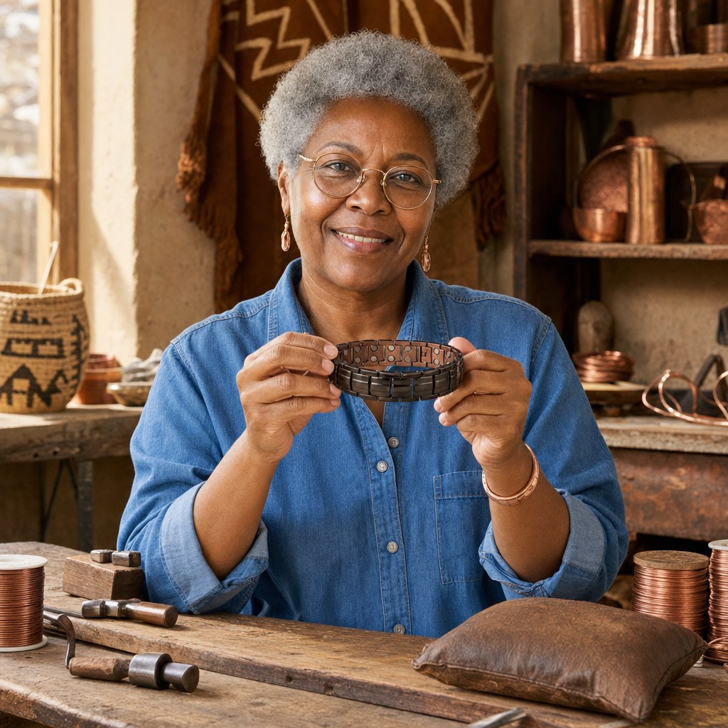 Our founder holding the Ochre Men's Copper Bracelet in her workshop