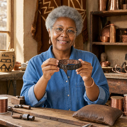 Our founder holding the Ochre Men's Copper Bracelet in her workshop