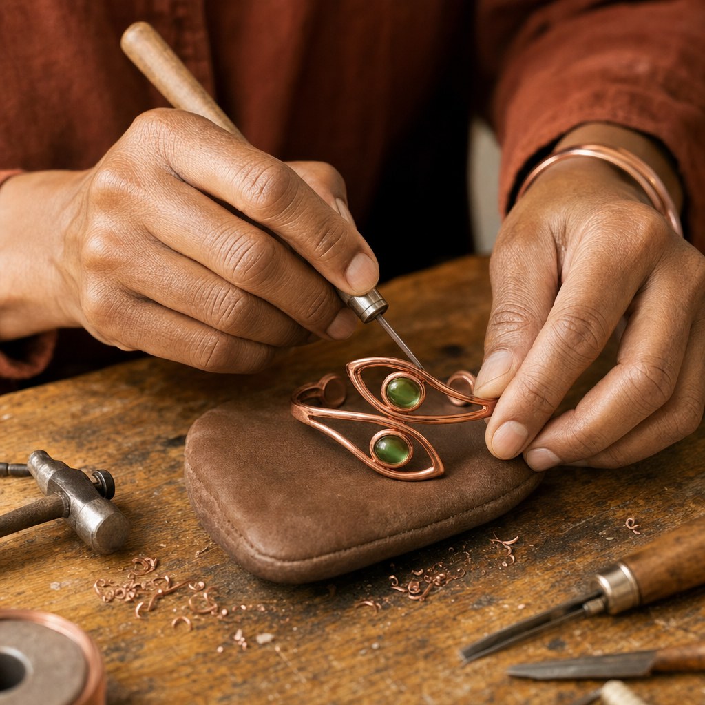 Our founder finishing the Opal Copper Bracelet by hand