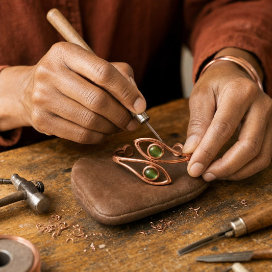 Our founder finishing the Opal Copper Bracelet by hand