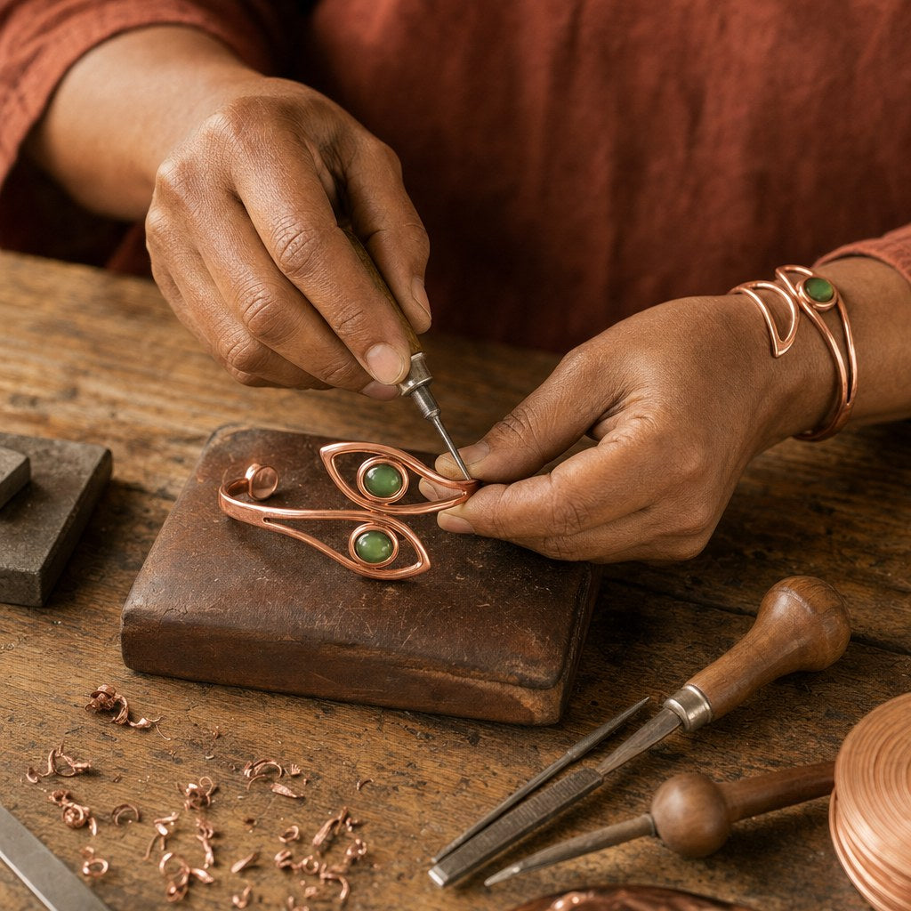 Our founder finishing the Opal Copper Bracelet by hand