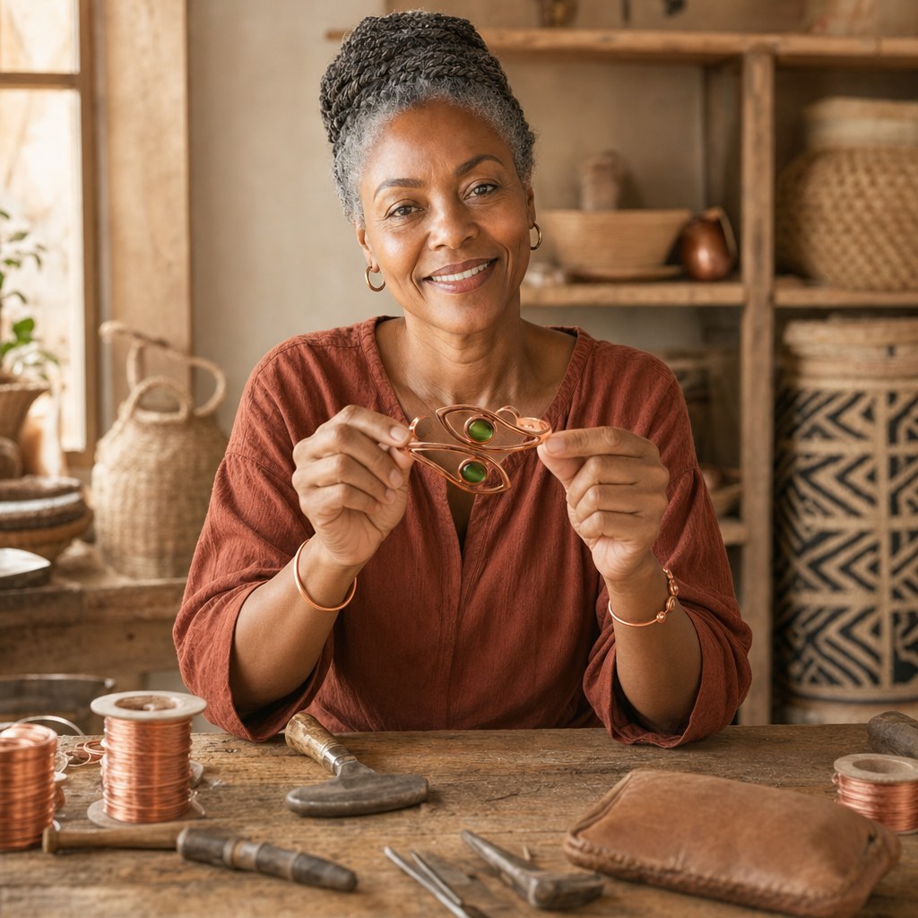 Our founder holding the Opal Copper Bracelet in her workshop