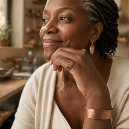 Petal Copper Ring worn by a woman from our community