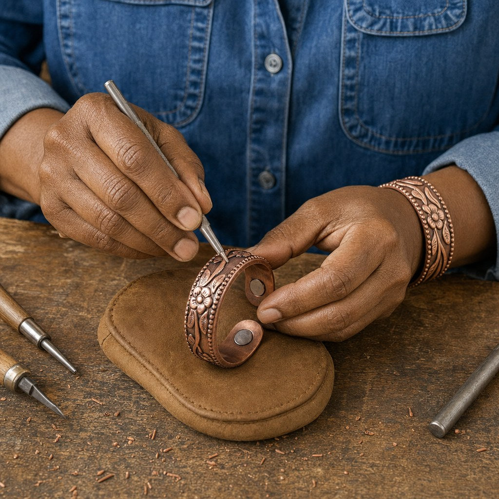 Our founder finishing the Petal Copper Ring by hand
