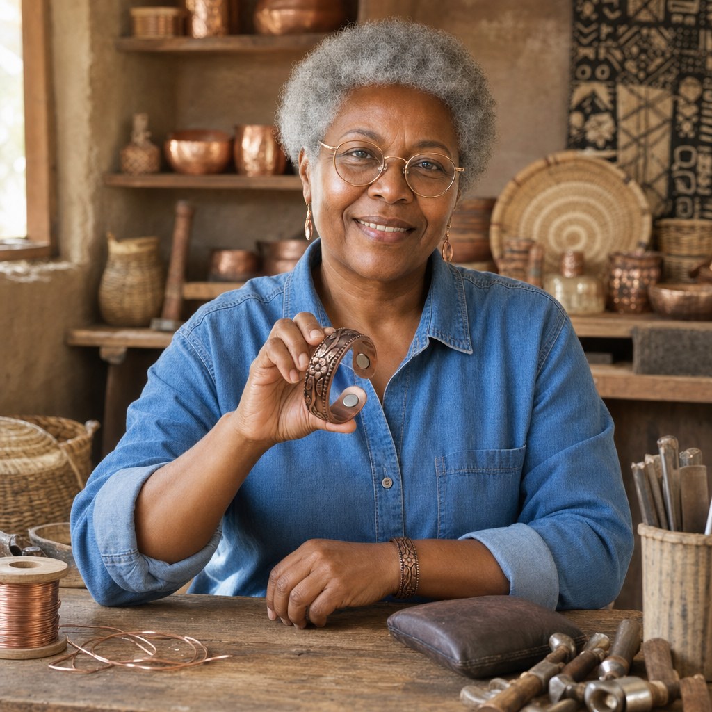 Our founder holding the Petal Copper Ring in her workshop