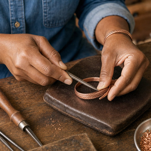 Our founder finishing the Copper Bracelet by hand