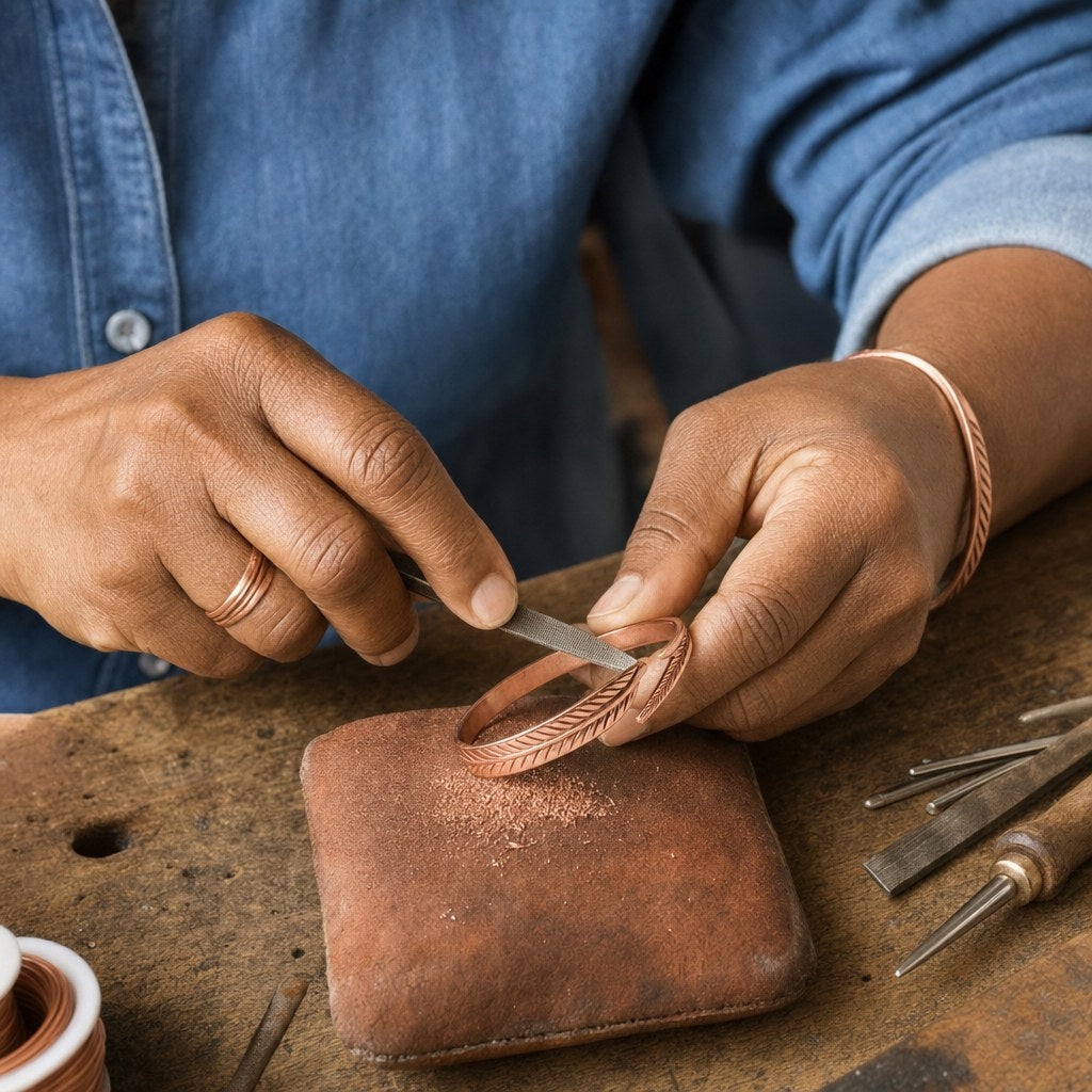 Our founder finishing the Copper Bracelet by hand
