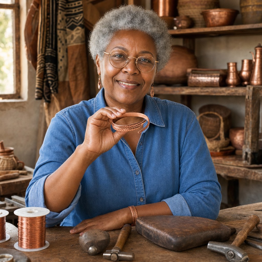 Our founder holding the Copper Bracelet in her workshop