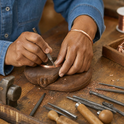 Our founder finishing the Sand Copper Anklet by hand
