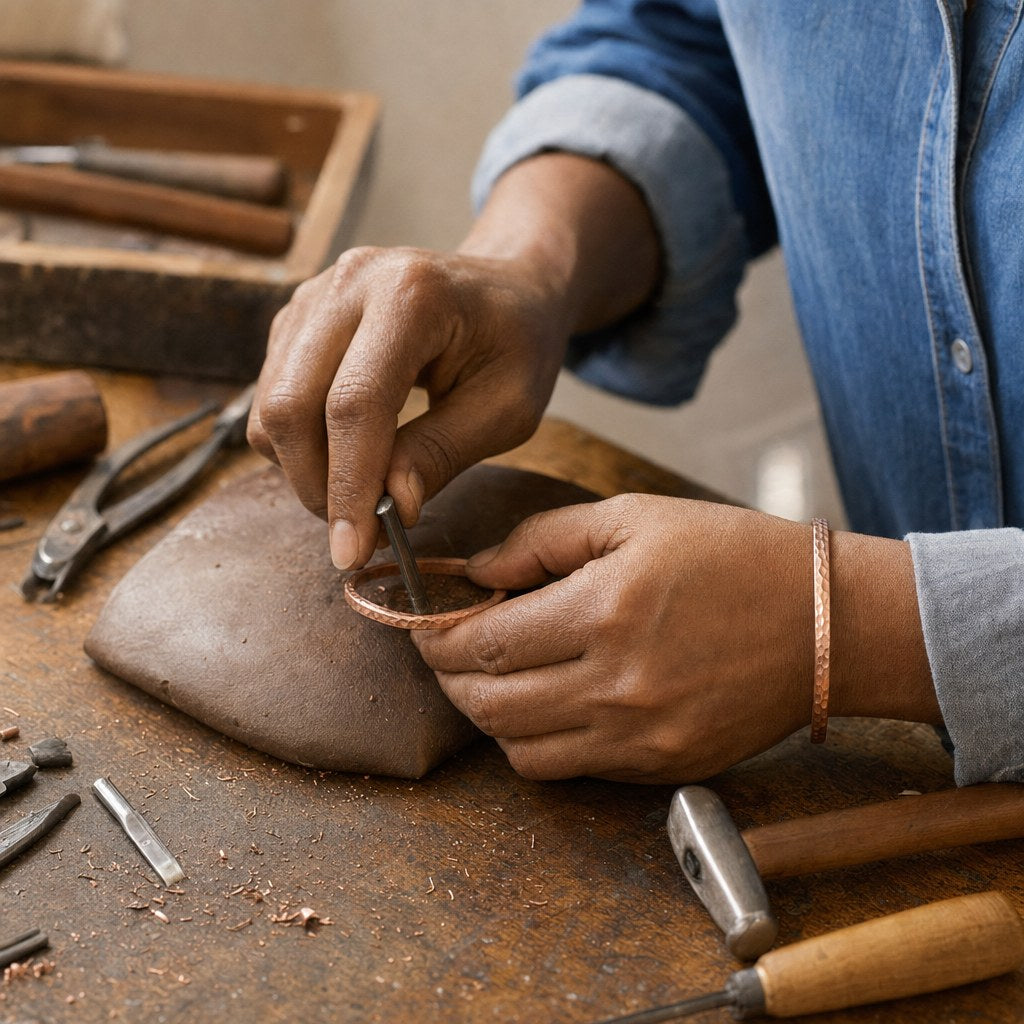 Our founder finishing the Sand Copper Anklet by hand
