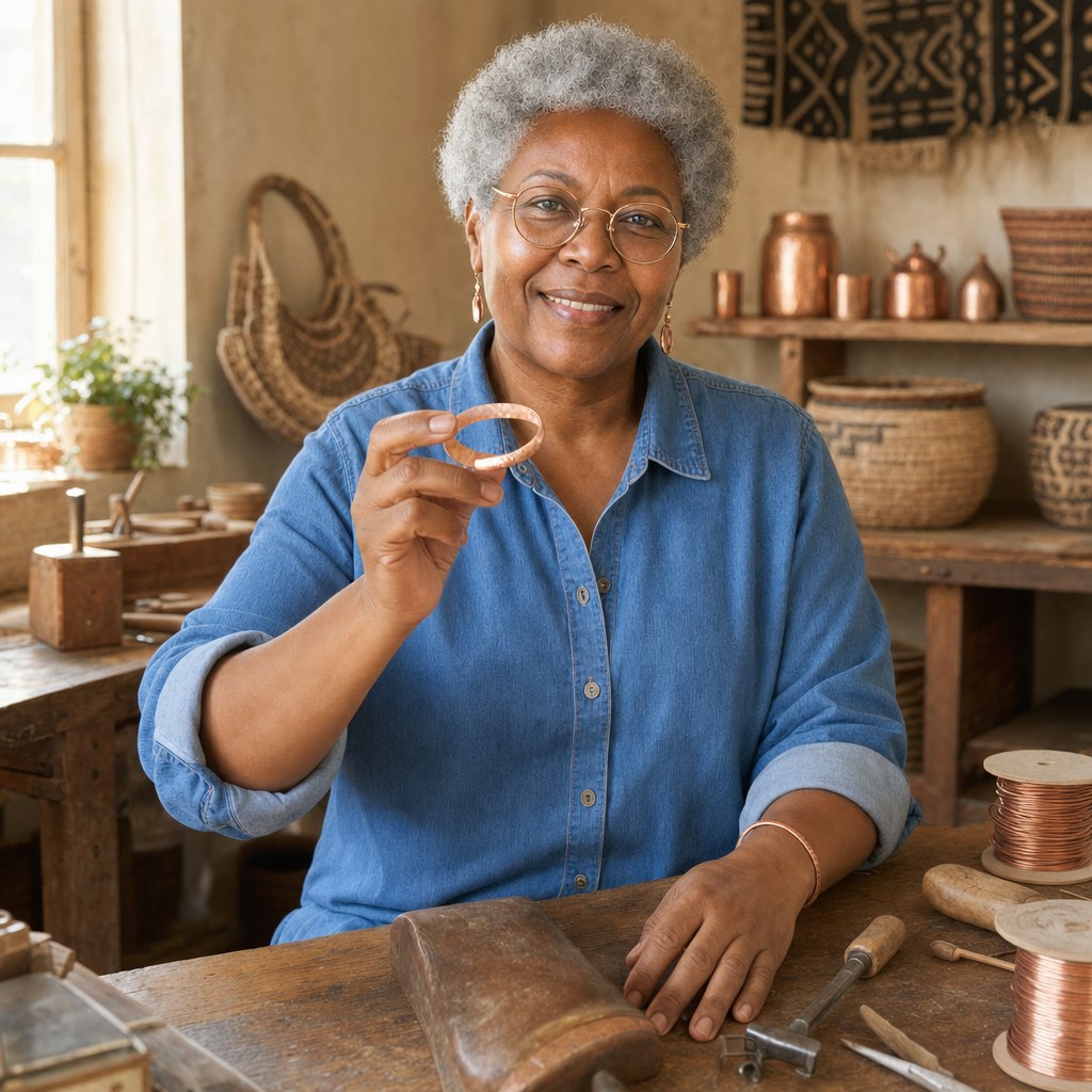 Our founder holding the Sand Copper Anklet in her workshop