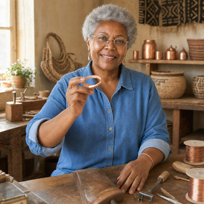 Our founder holding the Sand Copper Anklet in her workshop