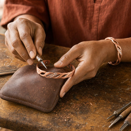 Our founder finishing the Seam Copper Bracelet by hand