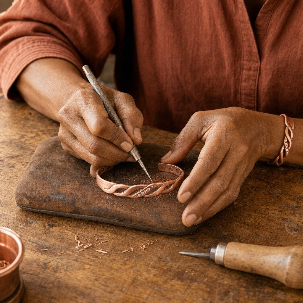 Our founder finishing the Seam Copper Bracelet by hand