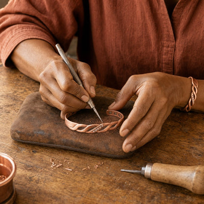 Our founder finishing the Seam Copper Bracelet by hand