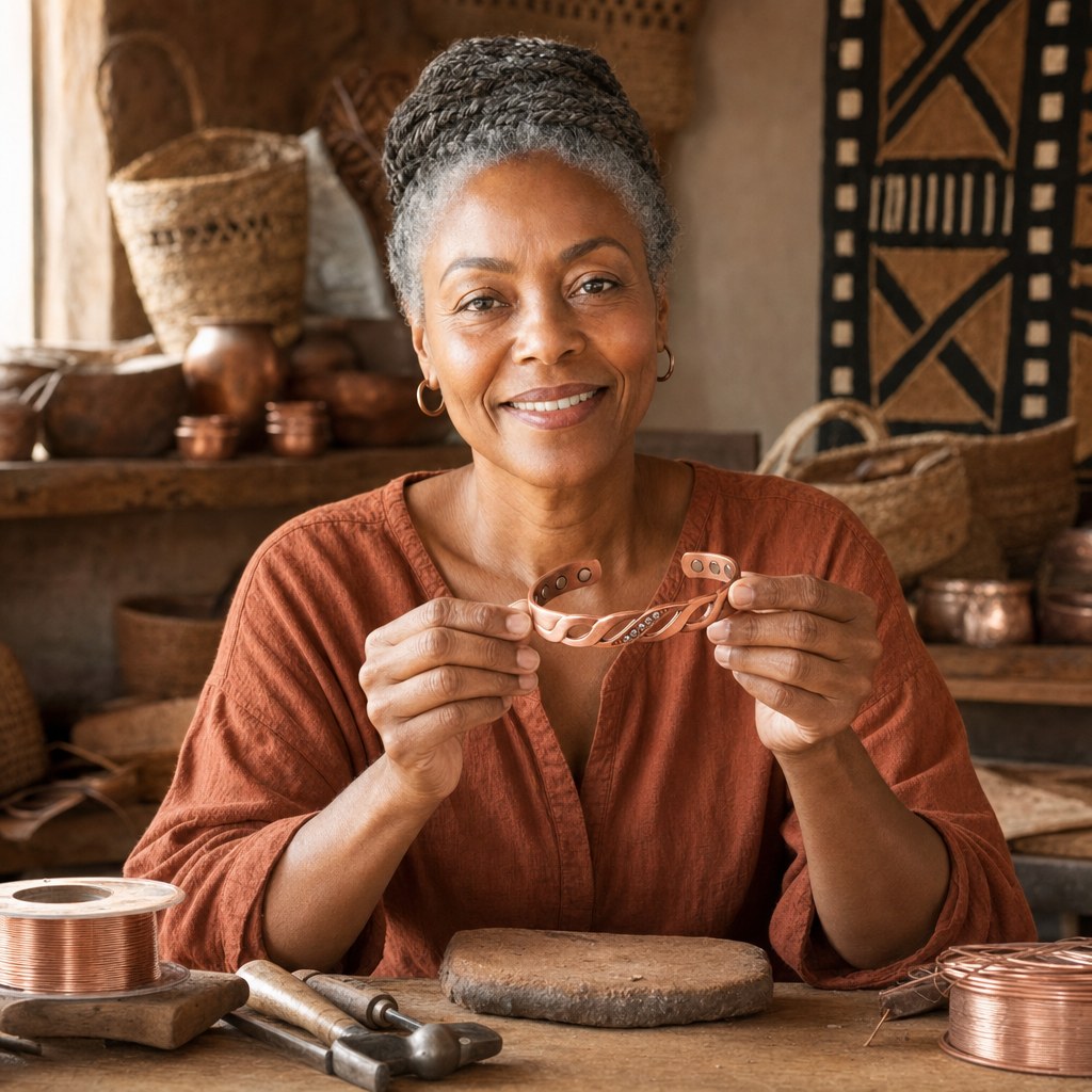 Our founder holding the Seam Copper Bracelet in her workshop