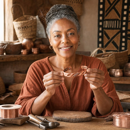 Our founder holding the Seam Copper Bracelet in her workshop