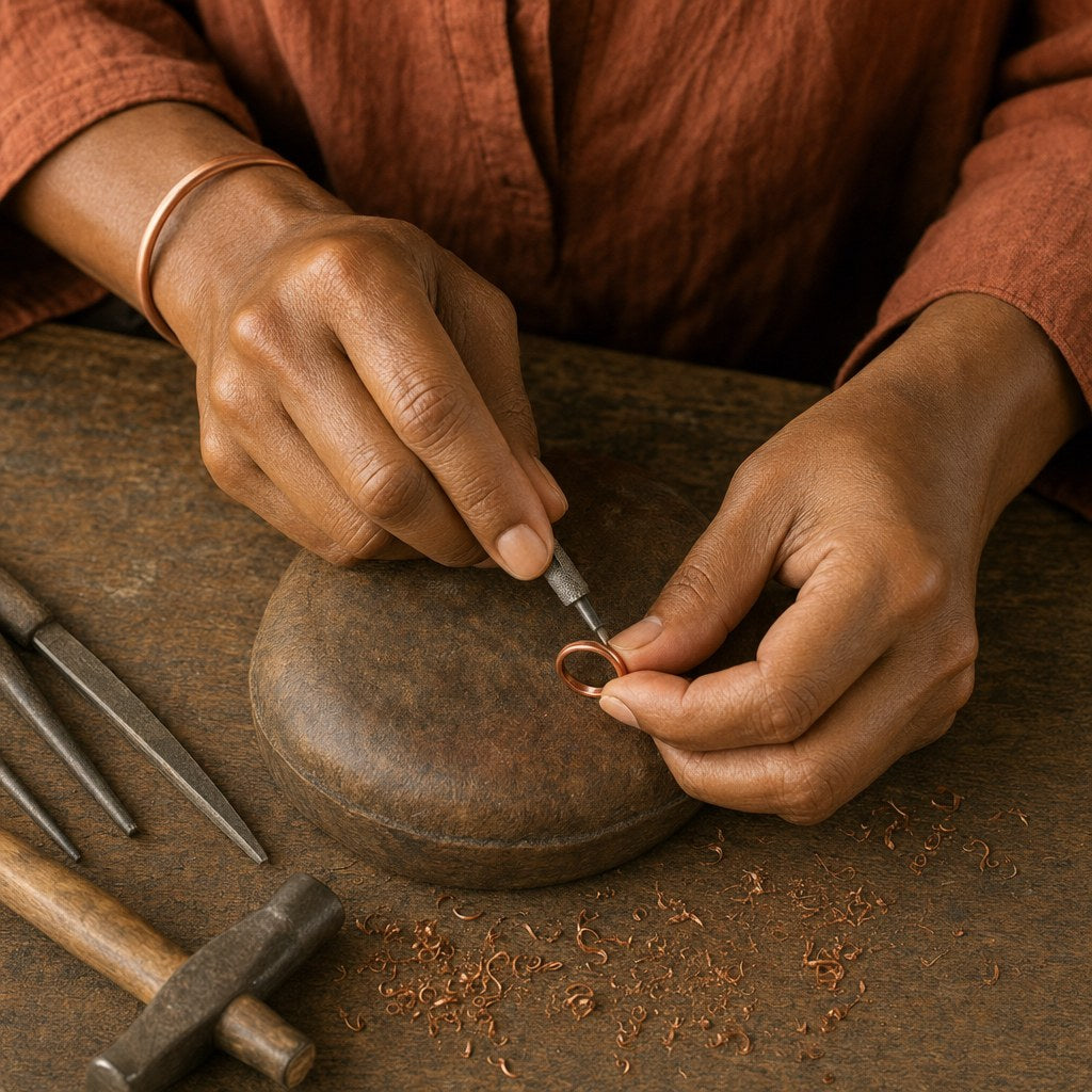 Our founder finishing the Slick Copper Toe Ring by hand