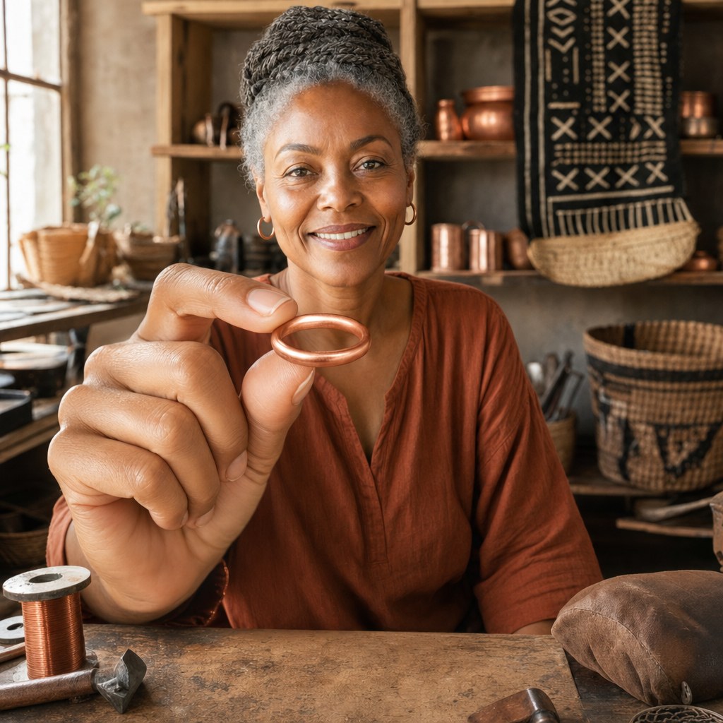 Our founder holding the Slick Copper Toe Ring in her workshop