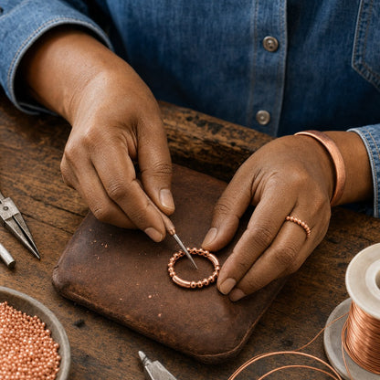 Our founder finishing the Smal Copper Earrings by hand