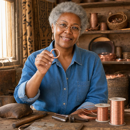 Our founder holding the Smal Copper Earrings in her workshop